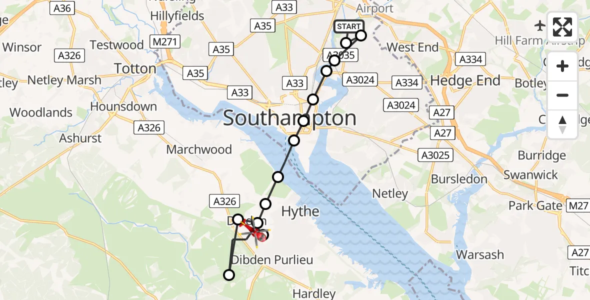 Flight route Air Ambulance Helicopter Mansbridge - Dibden, 27 June 2026, 10:04