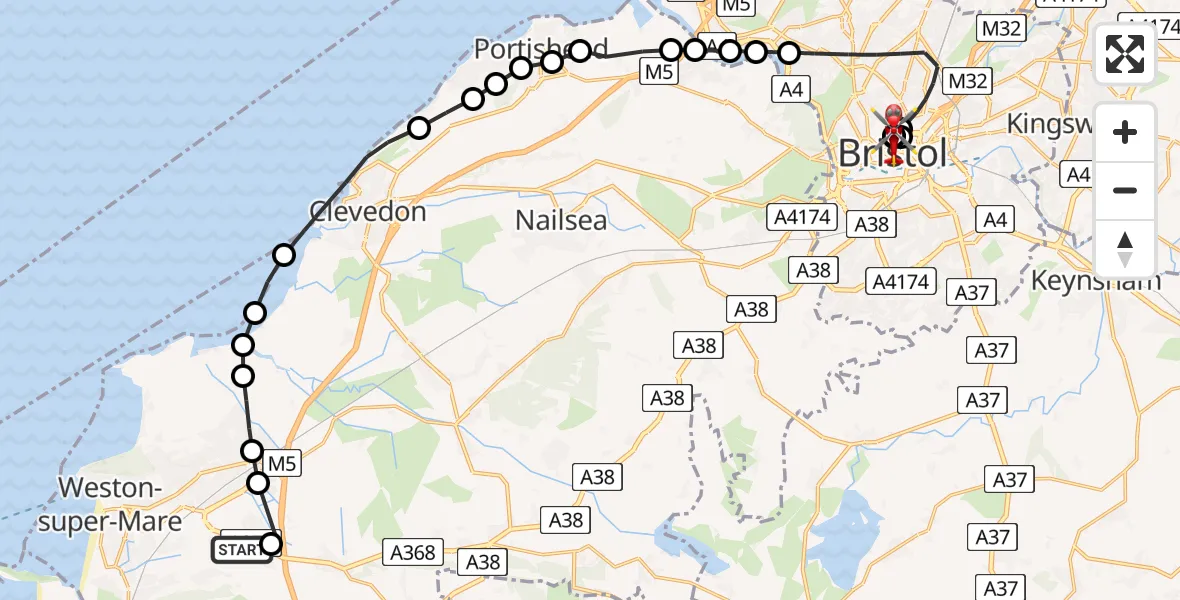 Flight route Air Ambulance Helicopter Weston-super-Mare - Bristol Royal Infirmary, 27 June 2026, 10:17