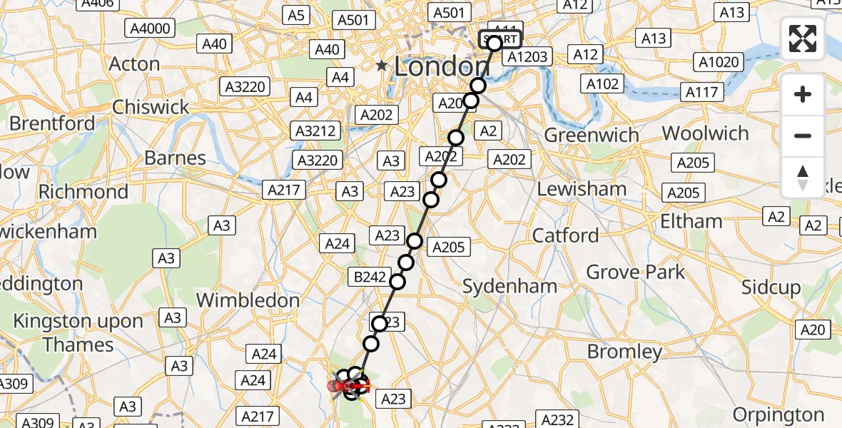 Flight route Air Ambulance Helicopter Royal London Hospital - Merton, 27 June 2026, 10:28