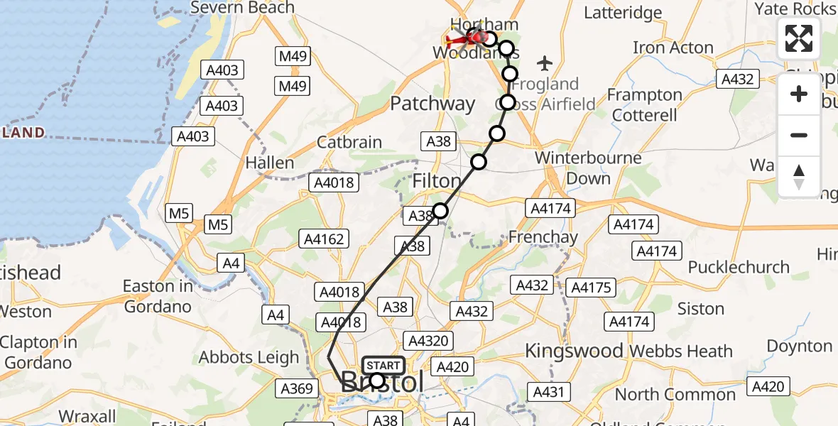Flight route Air Ambulance Helicopter Bristol Royal Infirmary - Almondsbury Helicopter Base, 27 June 2026, 10:32