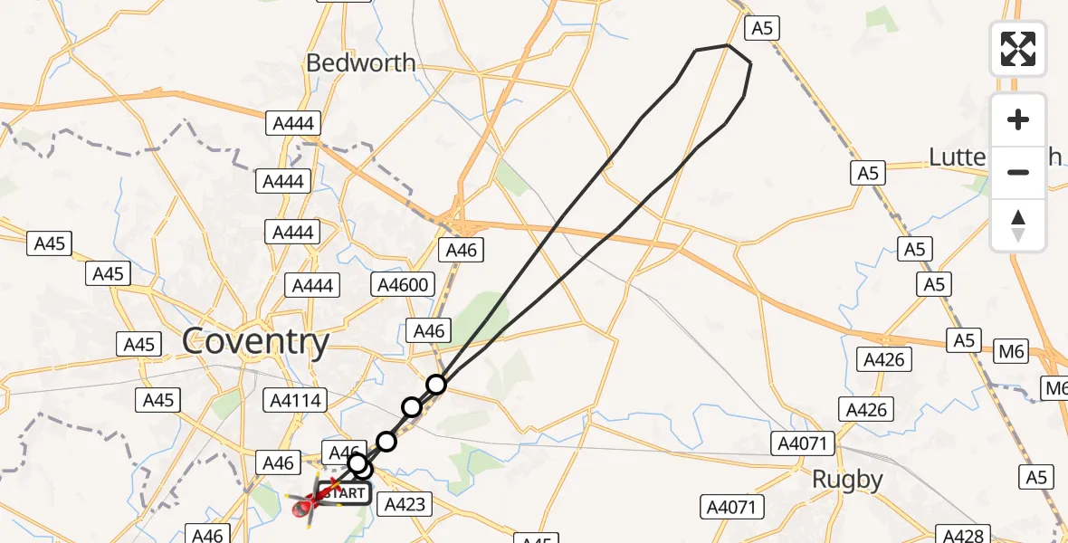 Flight route Air Ambulance Helicopter Coventry Airport - Coventry Airport, 27 June 2026, 10:41