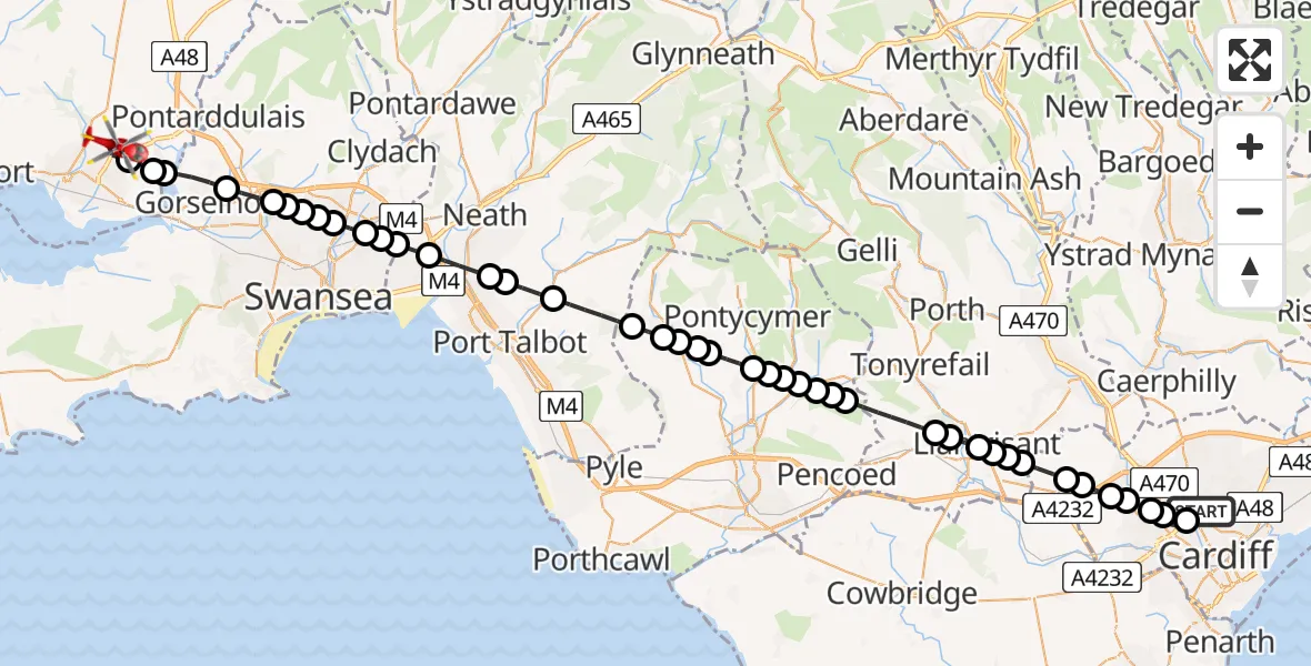Flight route Air Ambulance Helicopter Birchgrove - Dafen, 27 June 2026, 10:49