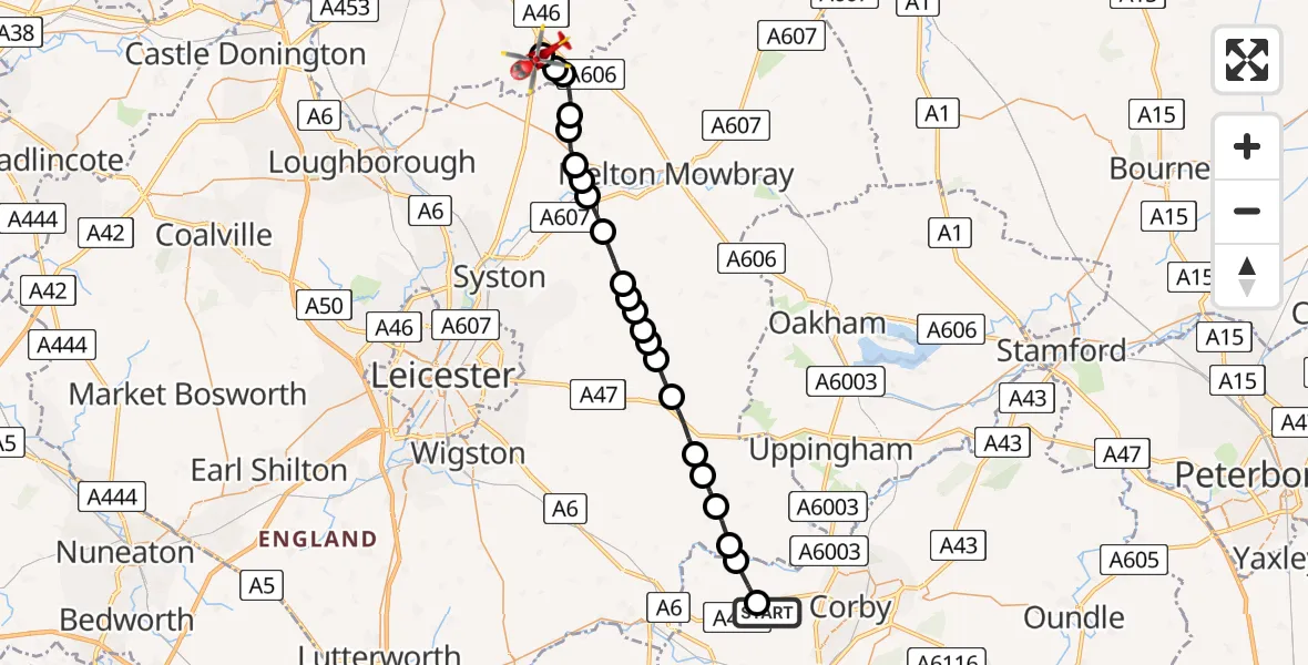 Flight route Air Ambulance Helicopter East Carlton - Nottingham Heliport, 27 June 2026, 10:49