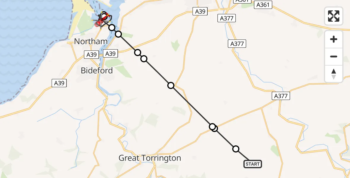 Flight route Air Ambulance Helicopter Roborough - Northam, 27 June 2026, 10:51