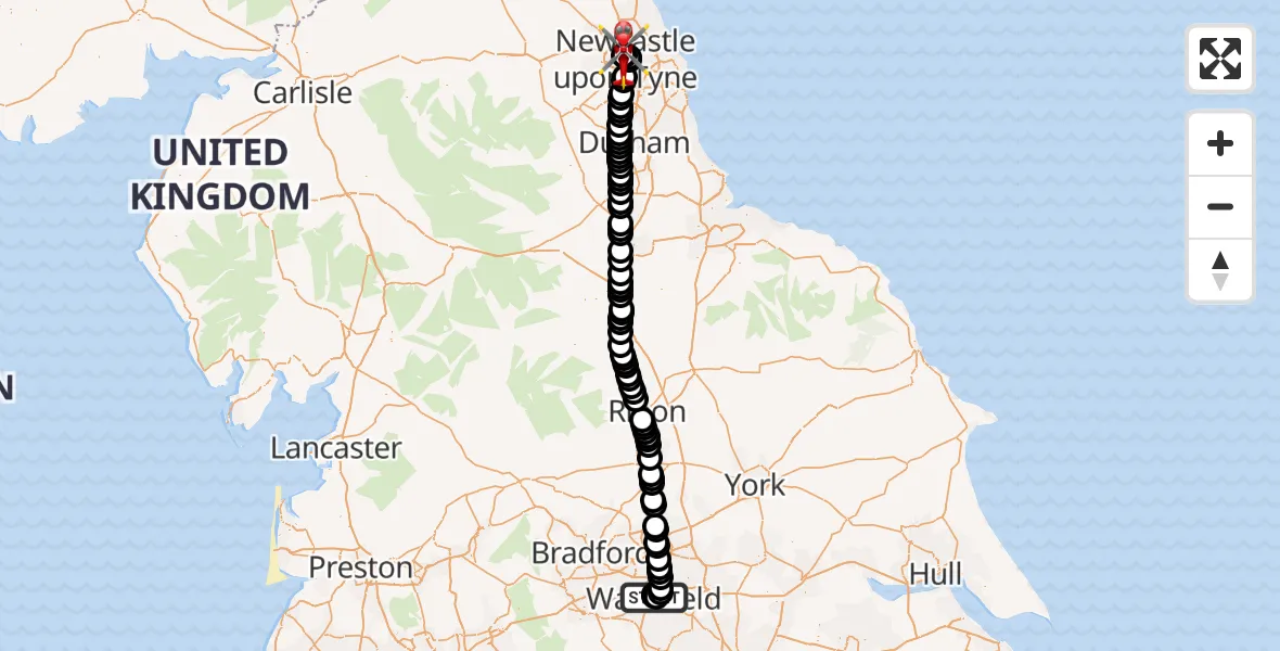 Flight route Air Ambulance Helicopter Newton Hill - Newcastle Royal Victoria Infirmary, 27 June 2026, 11:09