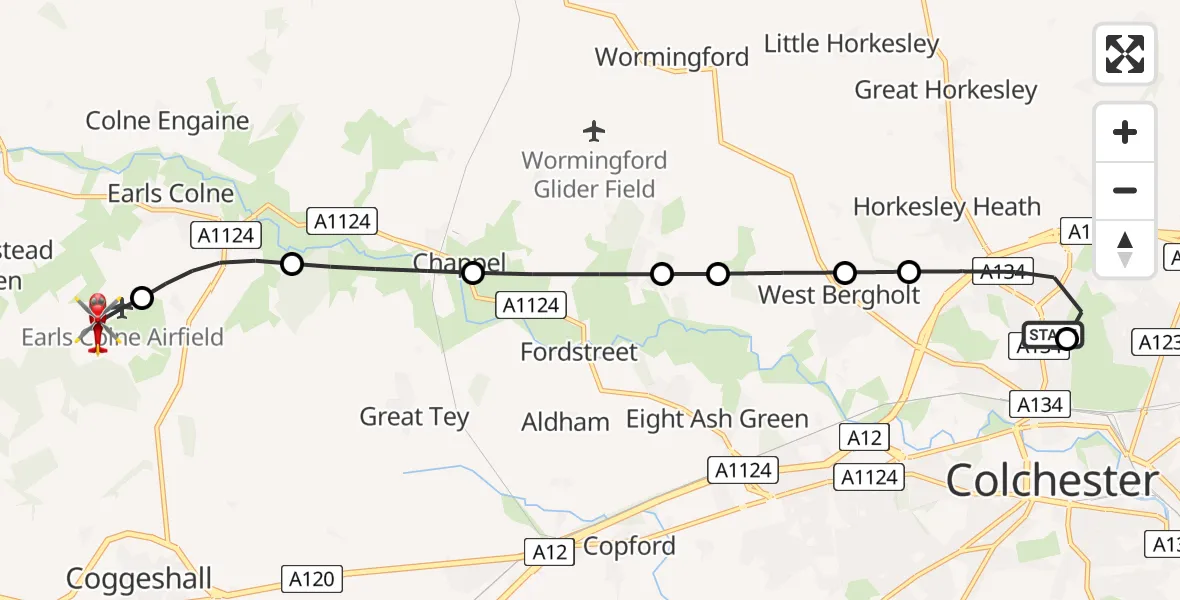Flight route Air Ambulance Helicopter Colchester Hospital - Earls Colne Airfield, 27 June 2026, 11:11