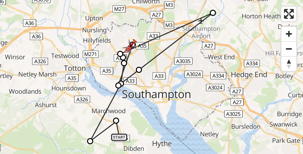 Flight route Air Ambulance Helicopter Dibden - St James, 27 June 2026, 11:13