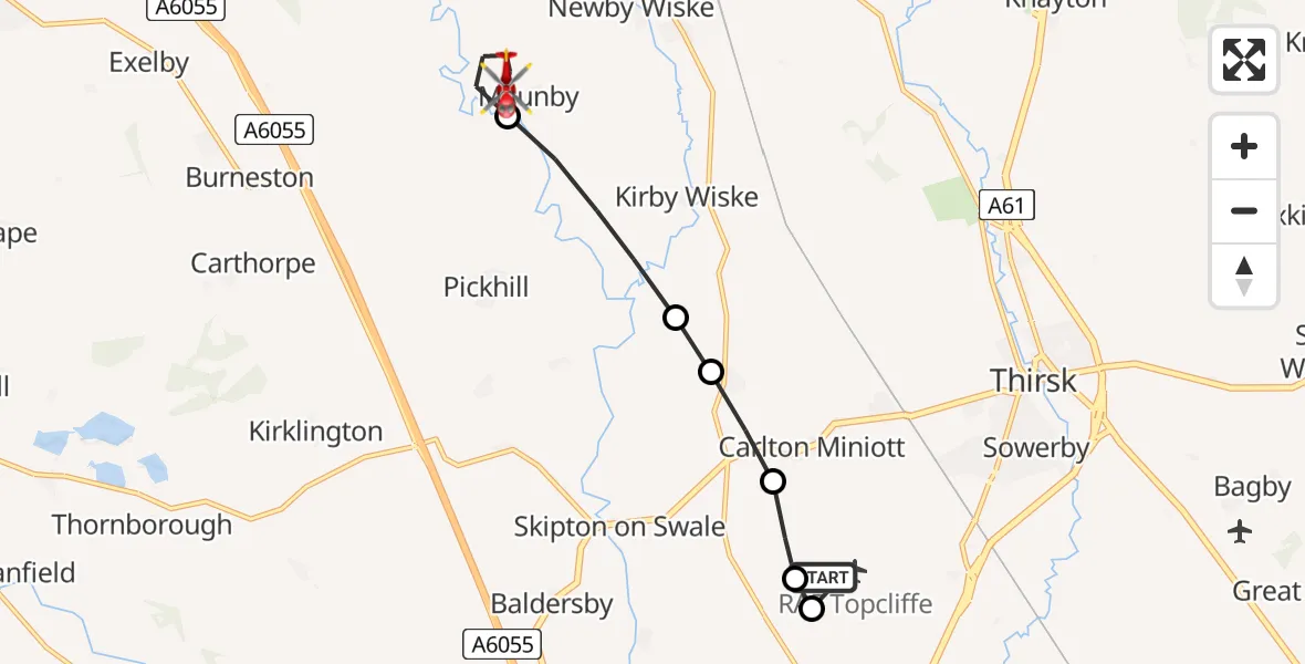 Flight route Air Ambulance Helicopter RAF Topcliffe - Maunby, 27 June 2026, 11:13
