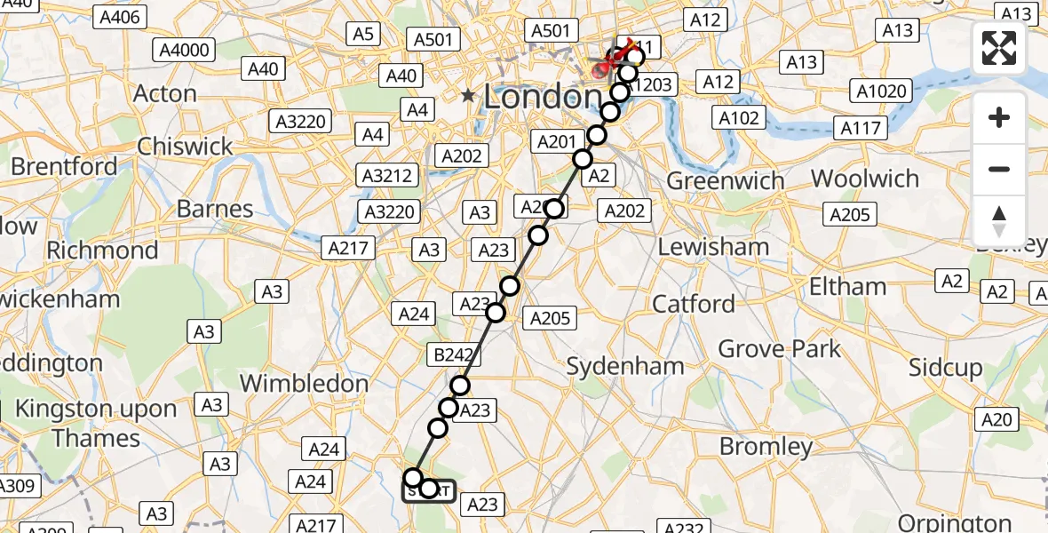 Flight route Air Ambulance Helicopter Hackbridge - Royal London Hospital, 27 June 2026, 11:17