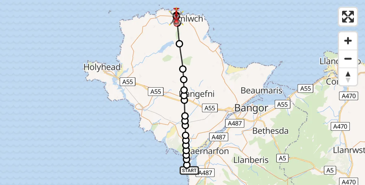 Flight route Air Ambulance Helicopter Caernarfon Airport - Burwen, 27 June 2026, 11:18