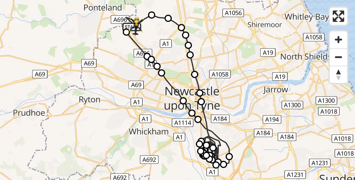 Flight route Police Helicopter Newcastle International Airport - Newcastle International Airport, 27 June 2026, 11:23