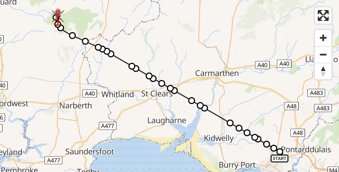 Flight route Air Ambulance Helicopter Dafen - Henry's Moat, 27 June 2026, 11:30
