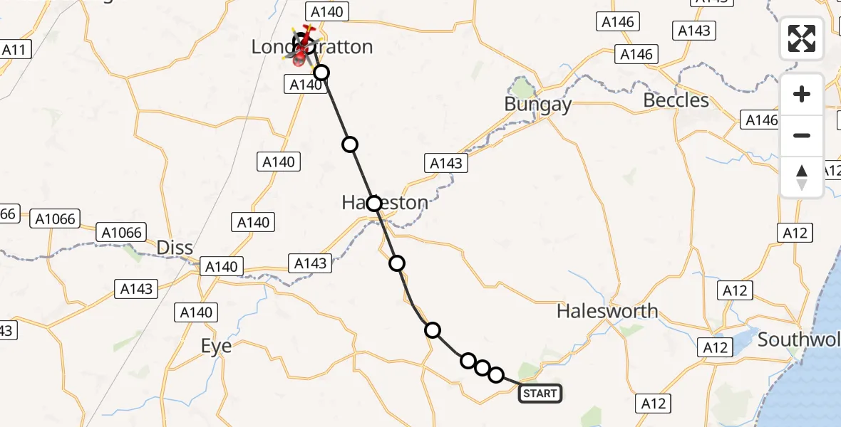 Flight route Air Ambulance Helicopter Heveningham - Long Stratton, 27 June 2026, 11:32