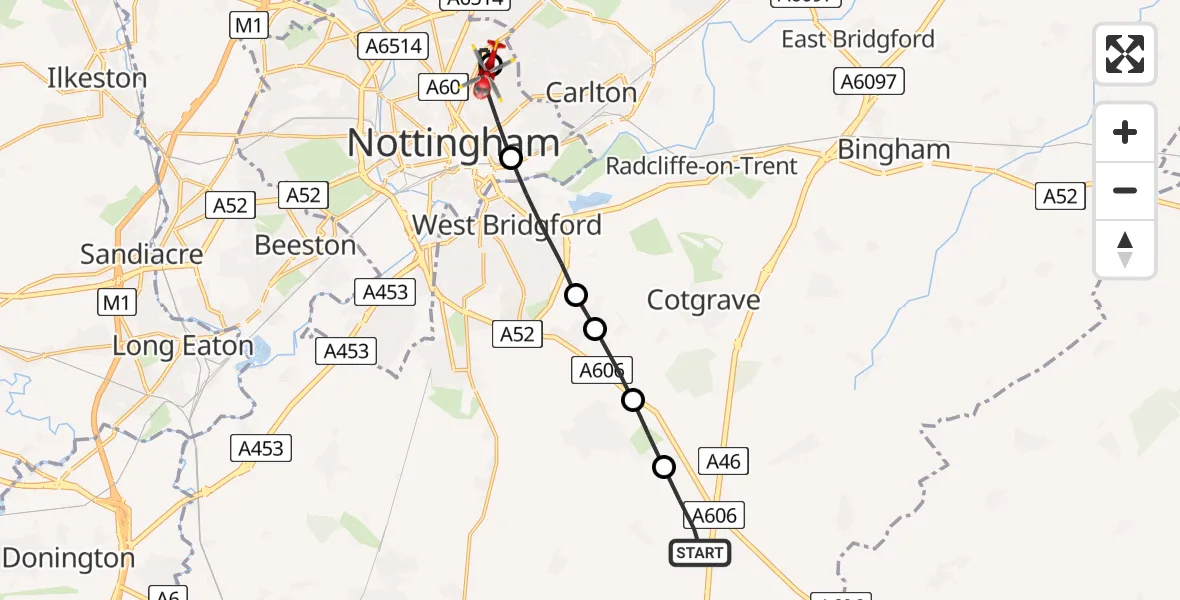 Flight route Air Ambulance Helicopter Widmerpool - City of Nottingham, 27 June 2026, 11:47
