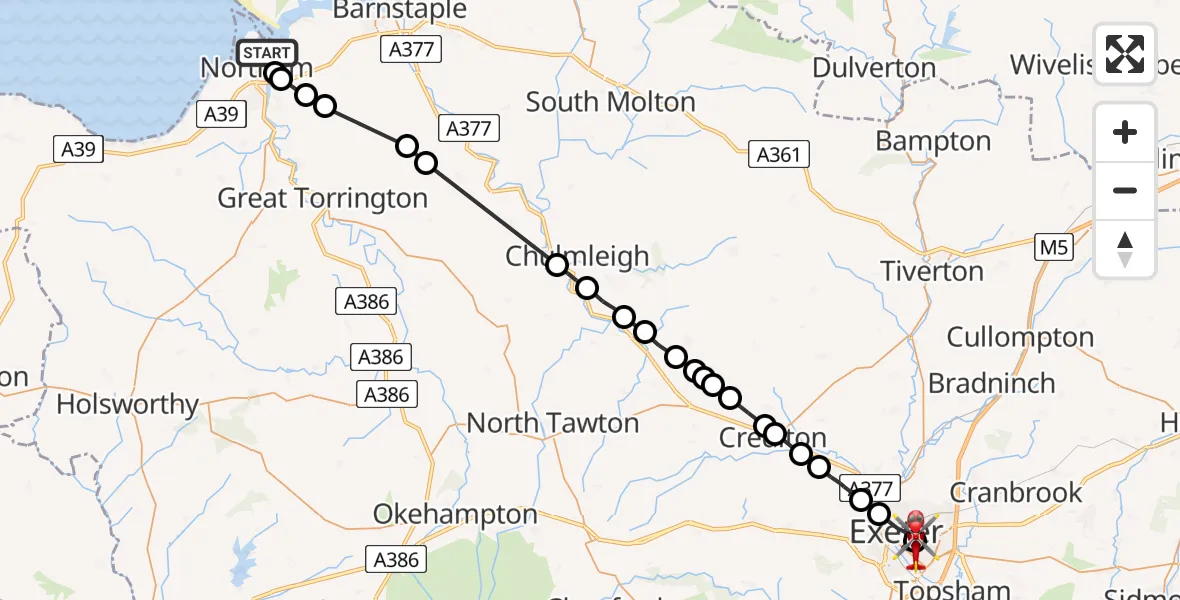 Flight route Air Ambulance Helicopter Northam - Royal Devon & Exeter Hospital, 27 June 2026, 11:52