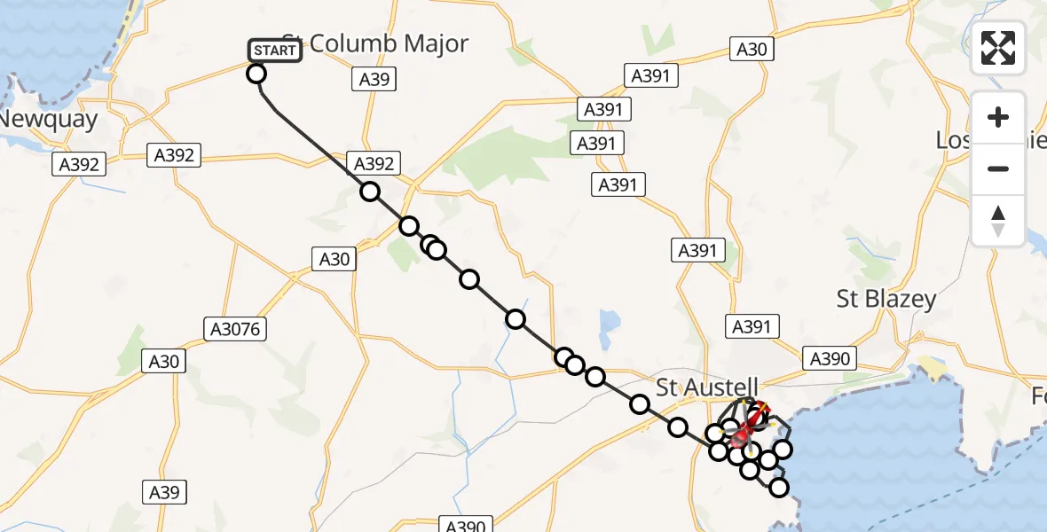 Flight route Air Ambulance Helicopter Cornwall Airport Newquay - London Apprentice, 27 June 2026, 12:05