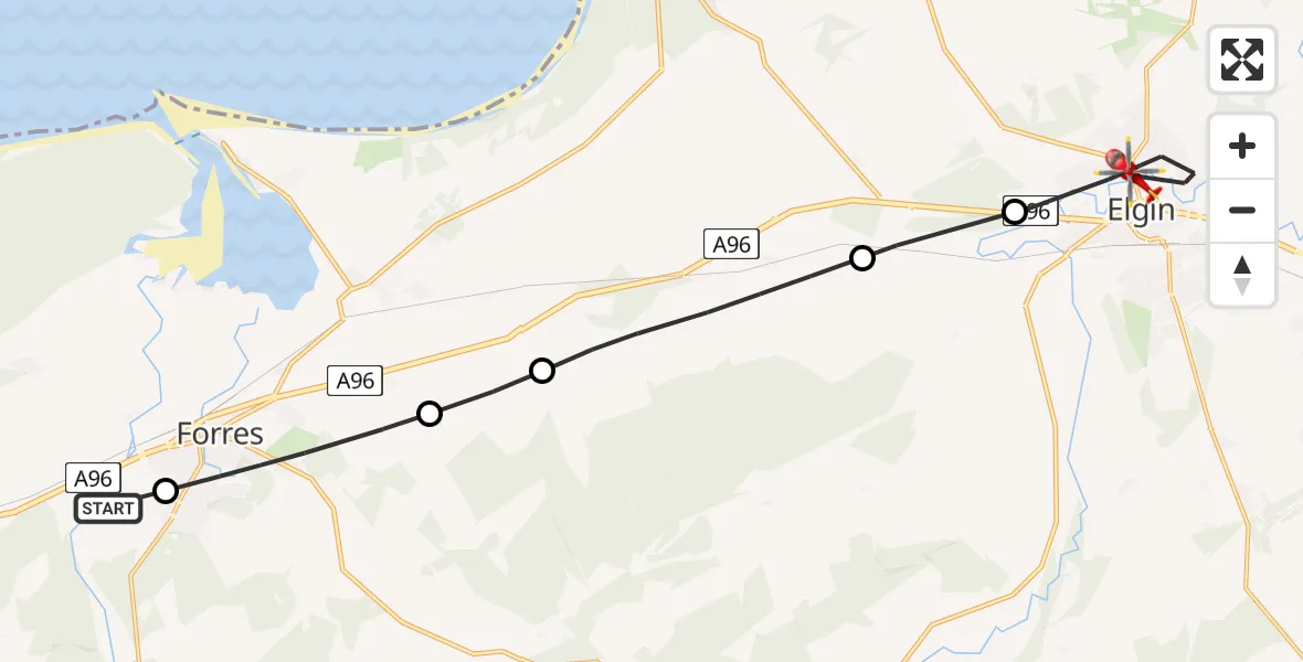 Flight route Air Ambulance Helicopter Broom of Moy - Elgin, 27 June 2026, 12:14