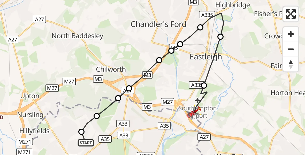 Flight route Air Ambulance Helicopter University Hospital Southampton - Southampton Airport, 27 June 2026, 12:15
