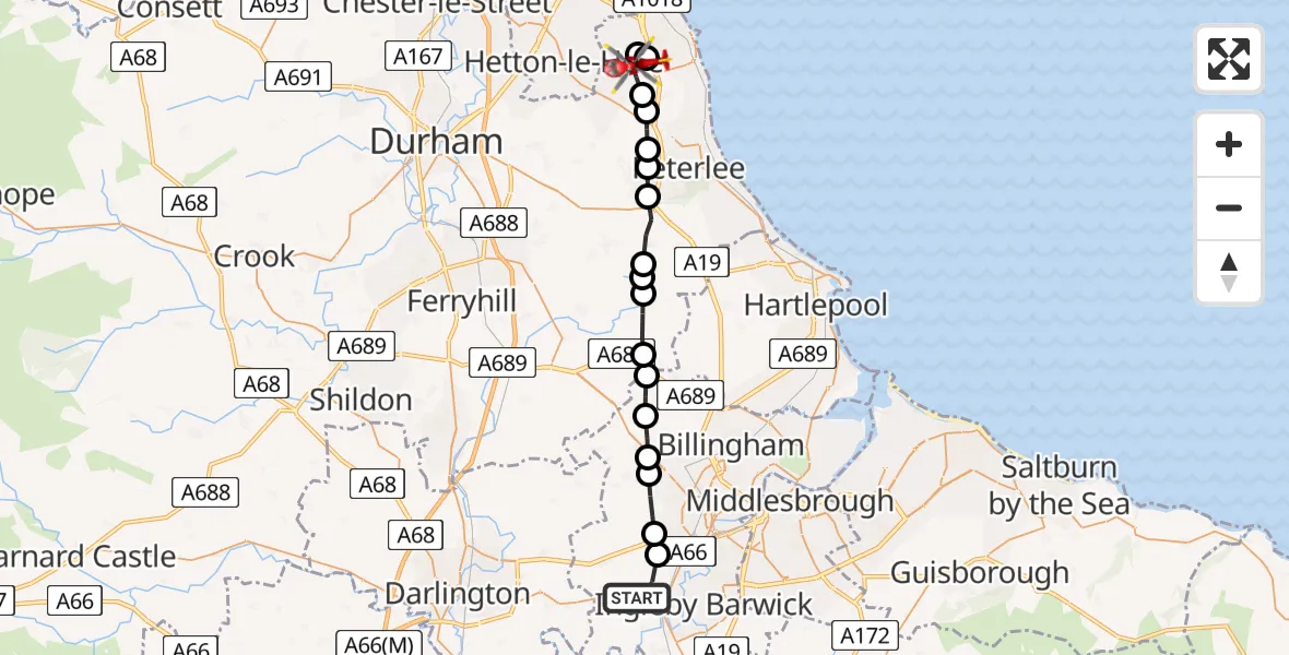 Flight route Air Ambulance Helicopter Egglescliffe - Murton, 27 June 2026, 12:18
