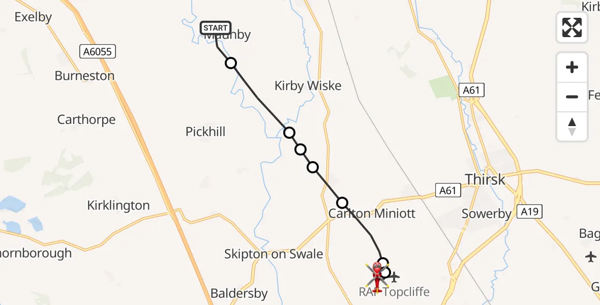 Flight route Air Ambulance Helicopter Maunby - RAF Topcliffe, 27 June 2026, 12:18