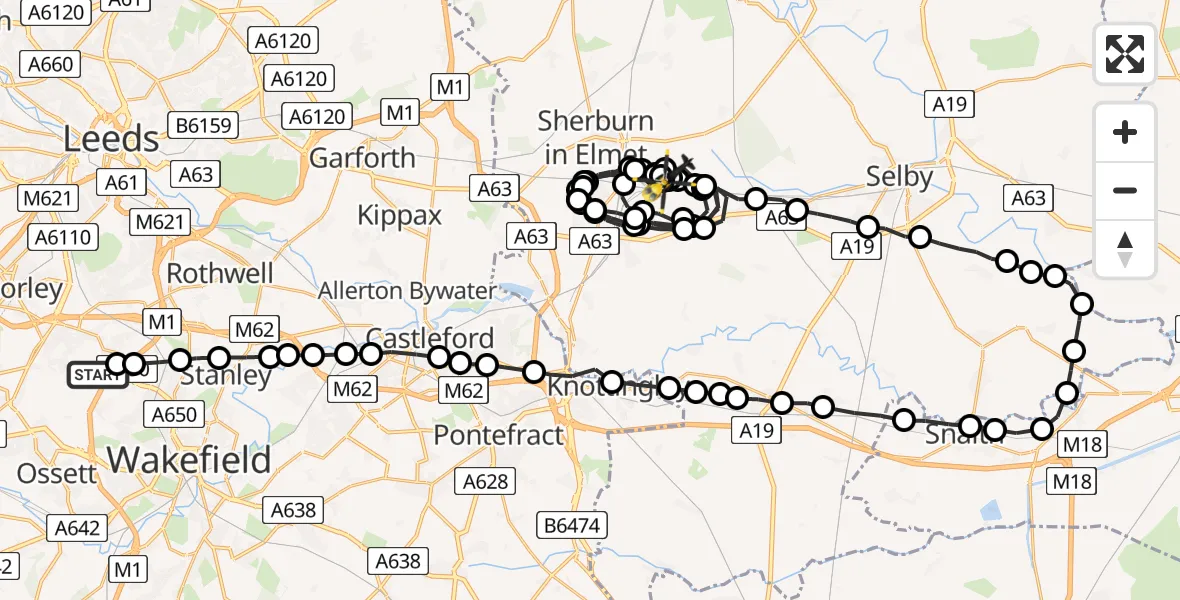 Flight route Police Helicopter East Ardsley - Sherburn in Elmet, 27 June 2026, 12:20