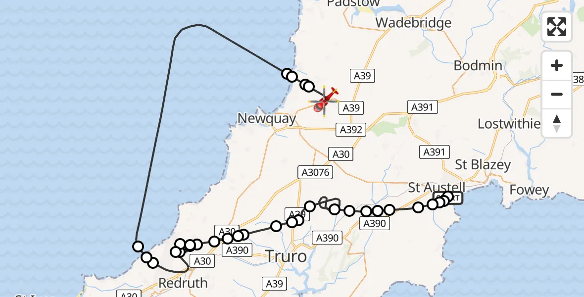 Flight route Air Ambulance Helicopter Charlestown - Cornwall Airport Newquay, 27 June 2026, 12:27
