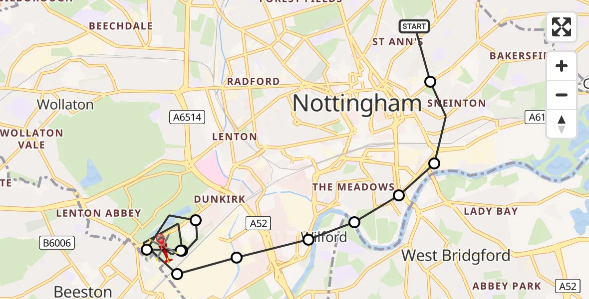 Flight route Air Ambulance Helicopter City of Nottingham - Beeston, 27 June 2026, 12:30