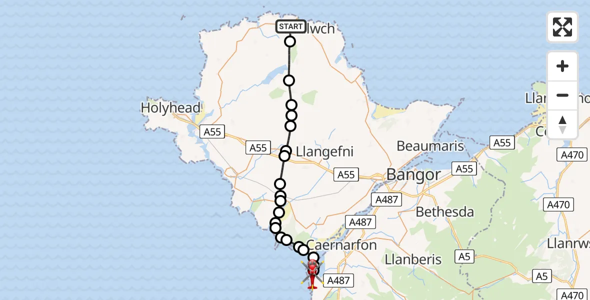 Flight route Air Ambulance Helicopter Burwen - Caernarfon Airport, 27 June 2026, 12:34