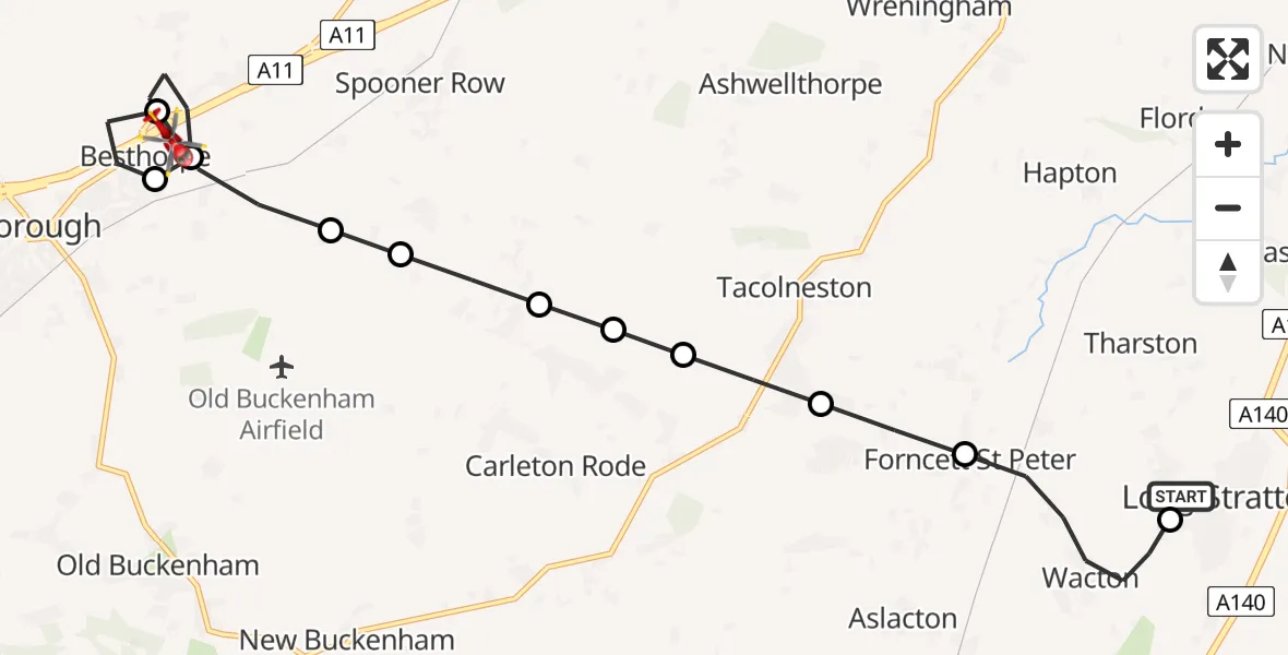 Flight route Air Ambulance Helicopter Long Stratton - Attleborough, 27 June 2026, 12:46