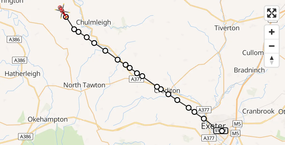 Flight route Air Ambulance Helicopter Royal Devon & Exeter Hospital - Burrington, 27 June 2026, 12:51