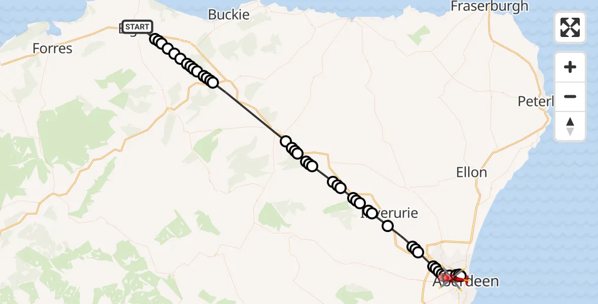 Flight route Air Ambulance Helicopter Elgin - Aberdeen Royal Infirmary Helistrip, 27 June 2026, 12:59