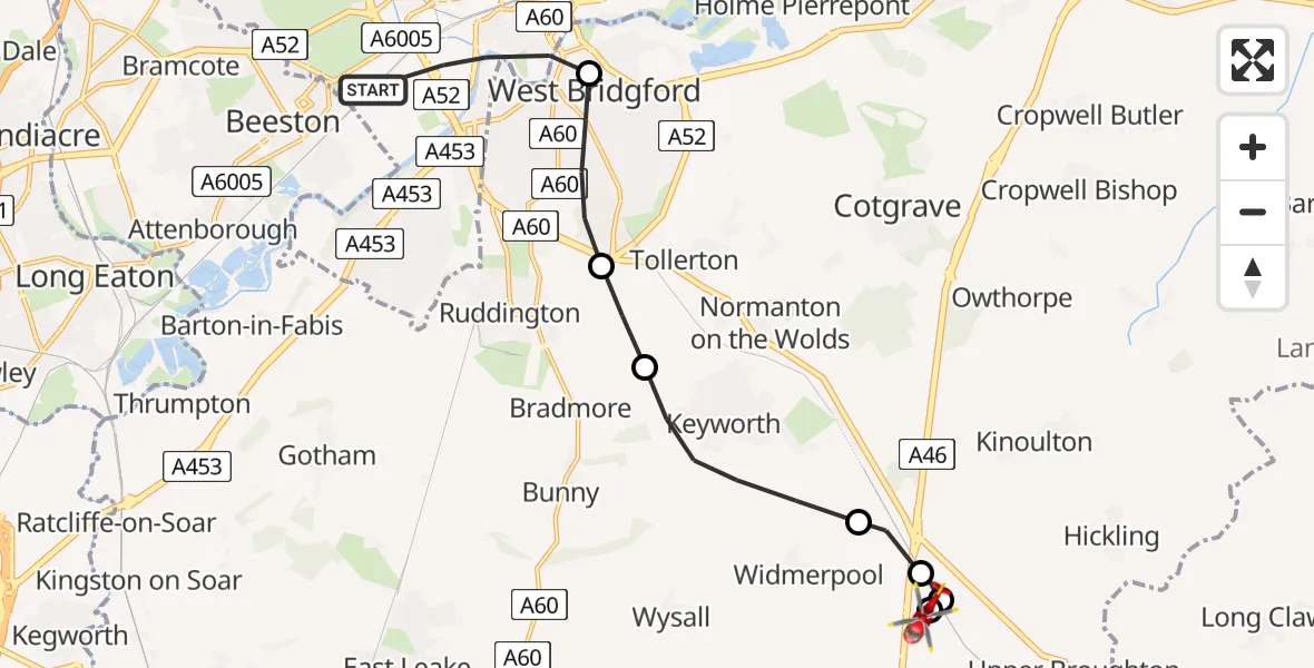 Flight route Air Ambulance Helicopter City of Nottingham - Nottingham Heliport, 27 June 2026, 13:03