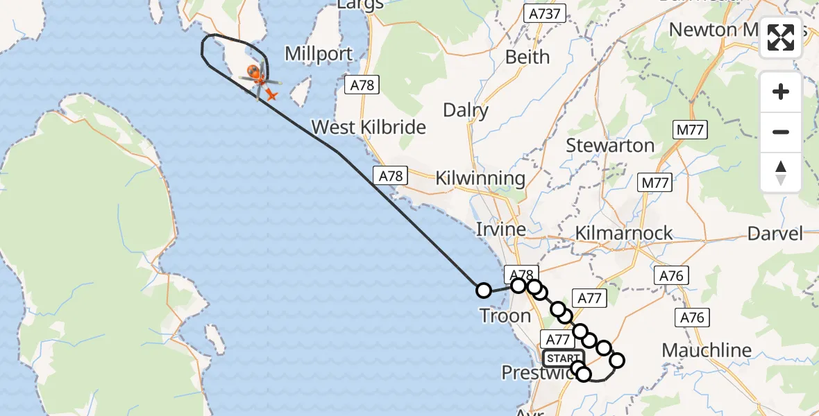 Flight route Coastguard Helicopter Glasgow Prestwick Airport - Inner Seas, 27 June 2026, 13:03