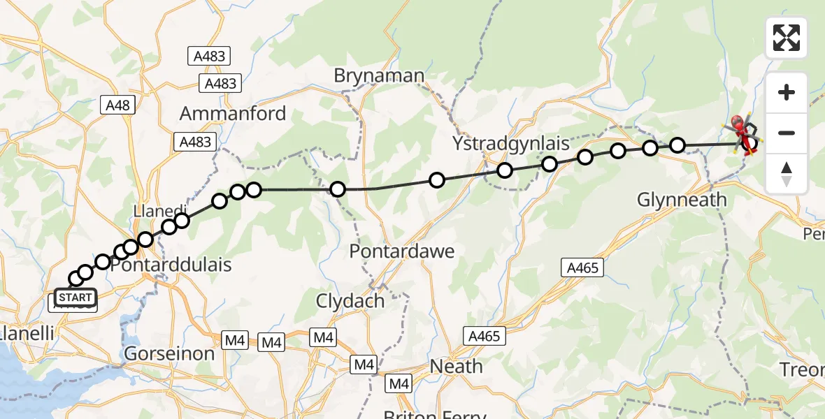 Flight route Air Ambulance Helicopter Dafen - Powys, 27 June 2026, 13:14