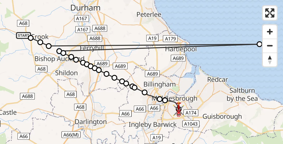 Flight route Air Ambulance Helicopter Wolsingham - James Cook University Hospital, 27 June 2026, 13:15