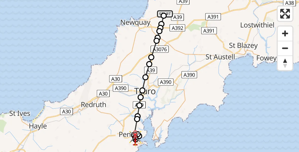 Flight route Air Ambulance Helicopter Cornwall Airport Newquay - Falmouth, 27 June 2026, 13:16
