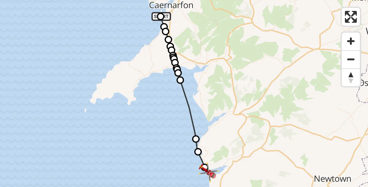 Flight route Air Ambulance Helicopter Caernarfon Airport - Aberdyfi, 27 June 2026, 13:25