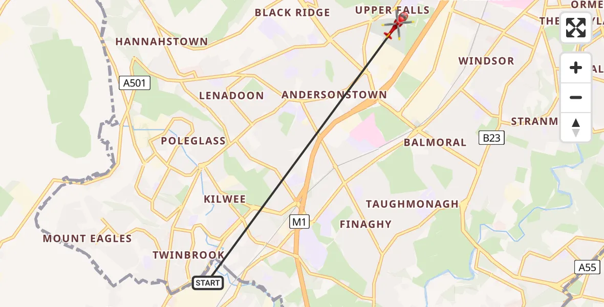 Flight route Air Ambulance Helicopter Lisburn and Castlereagh District - Belfast City District, 27 June 2026, 13:34