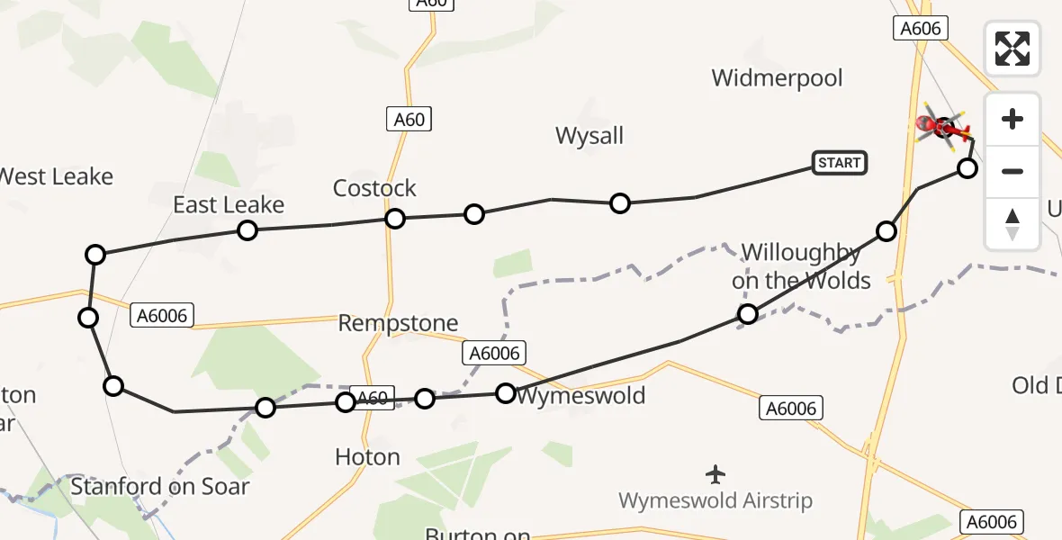 Flight route Air Ambulance Helicopter Willoughby on the Wolds - Nottingham Heliport, 27 June 2026, 13:35