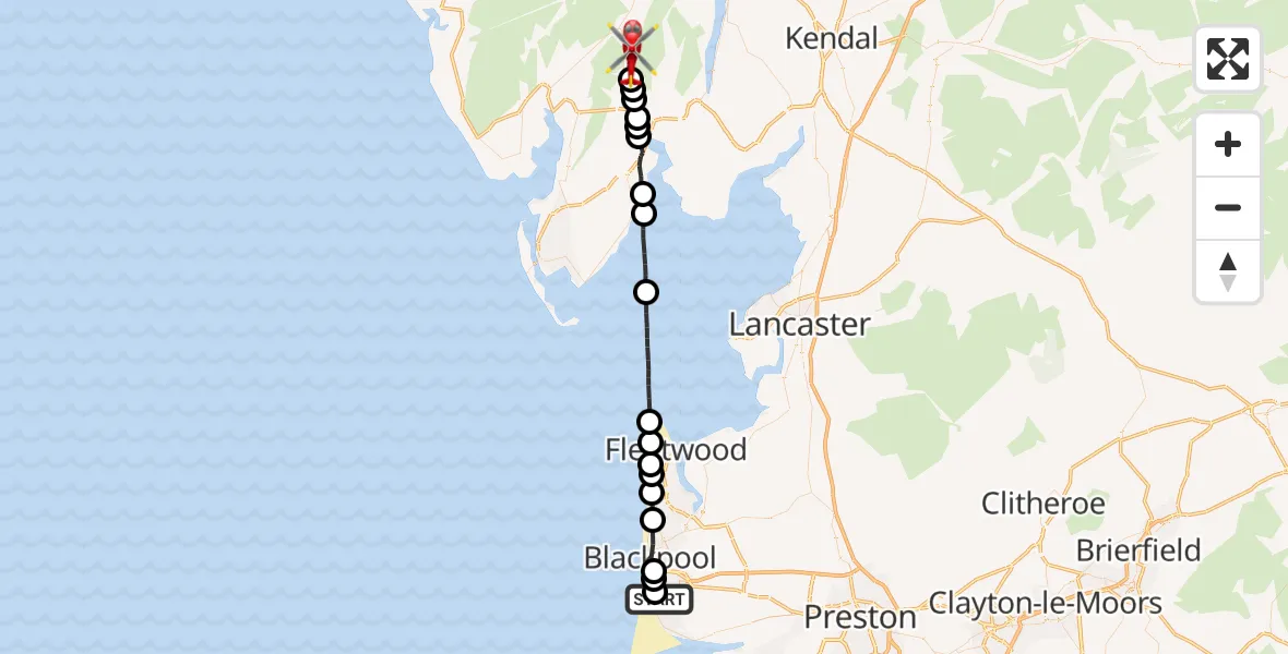 Flight route Air Ambulance Helicopter Blackpool Airport - High Nibthwaite, 27 June 2026, 13:45