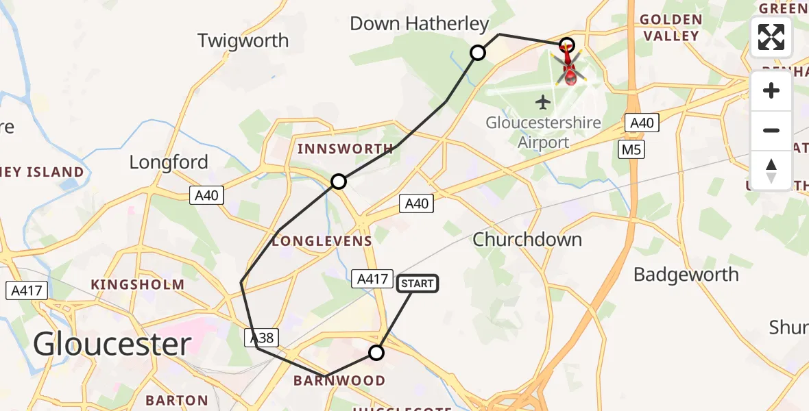 Flight route Air Ambulance Helicopter Tewkesbury - Gloucestershire Airport, 27 June 2026, 13:47
