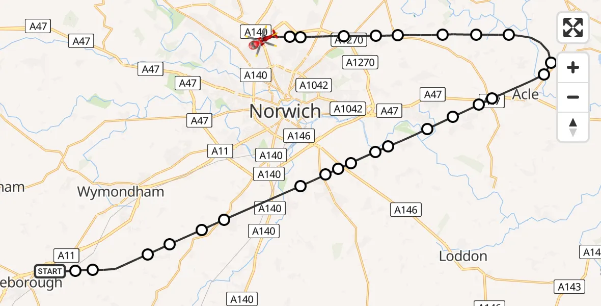 Flight route Air Ambulance Helicopter Besthorpe - Norwich Airport, 27 June 2026, 13:47