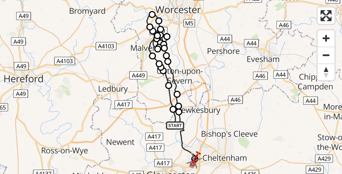 Flight route Air Ambulance Helicopter Tewkesbury - Gloucestershire Airport, 27 June 2026, 13:56
