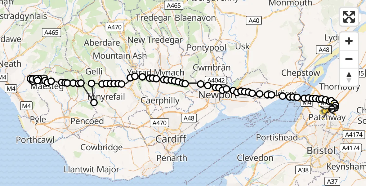 Flight route Police Helicopter Bryn - Almondsbury Helicopter Base, 27 June 2026, 13:57
