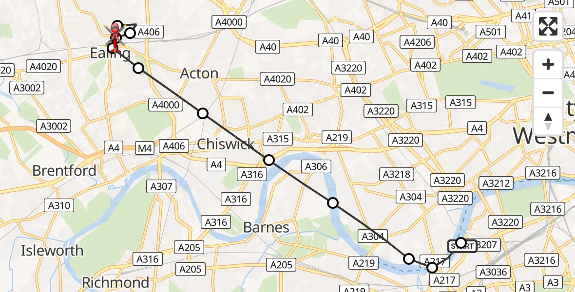Flight route Air Ambulance Helicopter London Heliport - Ealing, 27 June 2026, 13:58