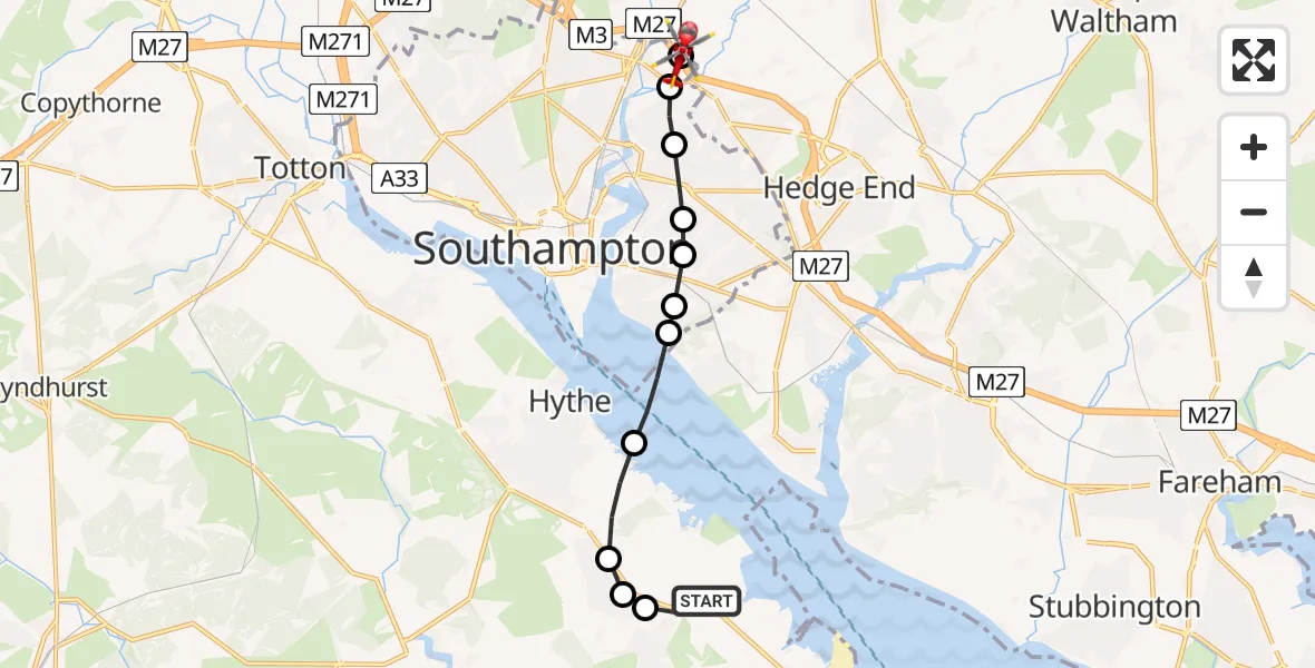 Flight route Air Ambulance Helicopter Fawley - Southampton Airport, 27 June 2026, 14:00