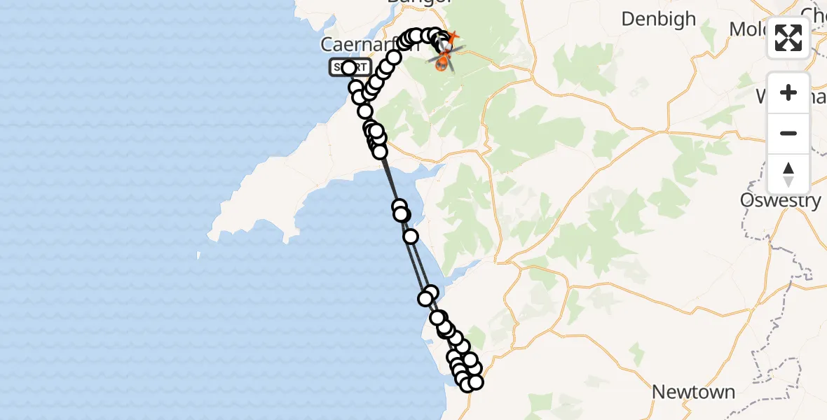 Flight route Coastguard Helicopter Caernarfon Airport - Llandygai, 27 June 2026, 14:06