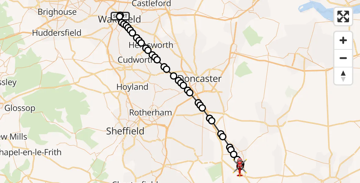 Flight route Air Ambulance Helicopter Newton Hill - Retford Gamston Airport, 27 June 2026, 14:14