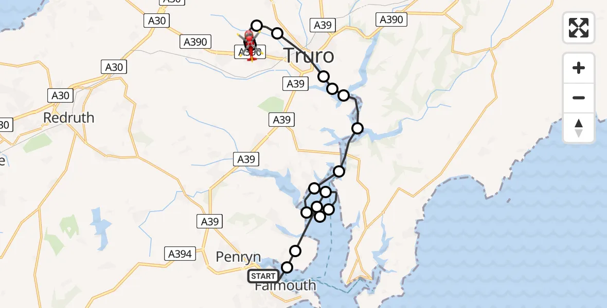 Flight route Air Ambulance Helicopter Falmouth - Treliske Hospital, 27 June 2026, 14:20