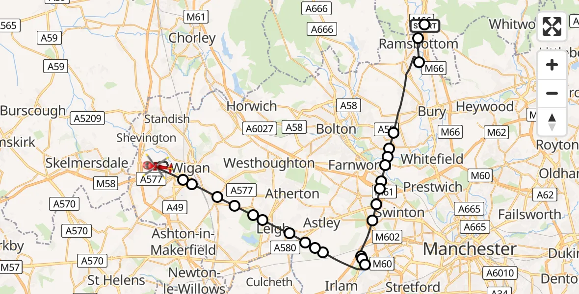 Flight route Air Ambulance Helicopter Edenfield - Wigan, 27 June 2026, 14:20